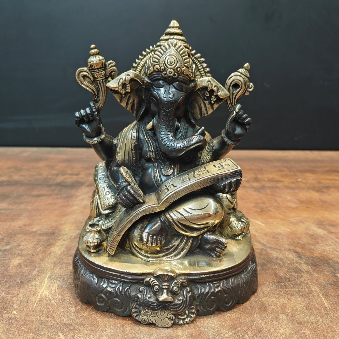 Brass Lord Ganesha Statue Writing Mahabharata Black Gold Finish 8 Inch