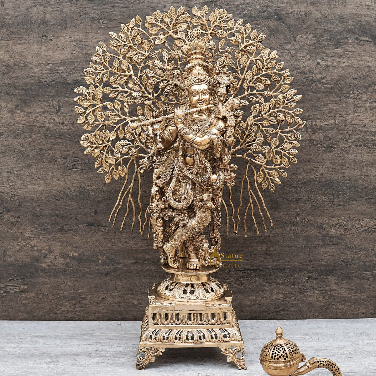 Brass Krishna Idol with Tree 3 Feet by StatueStudio - Eco-friendly - Sama Homes