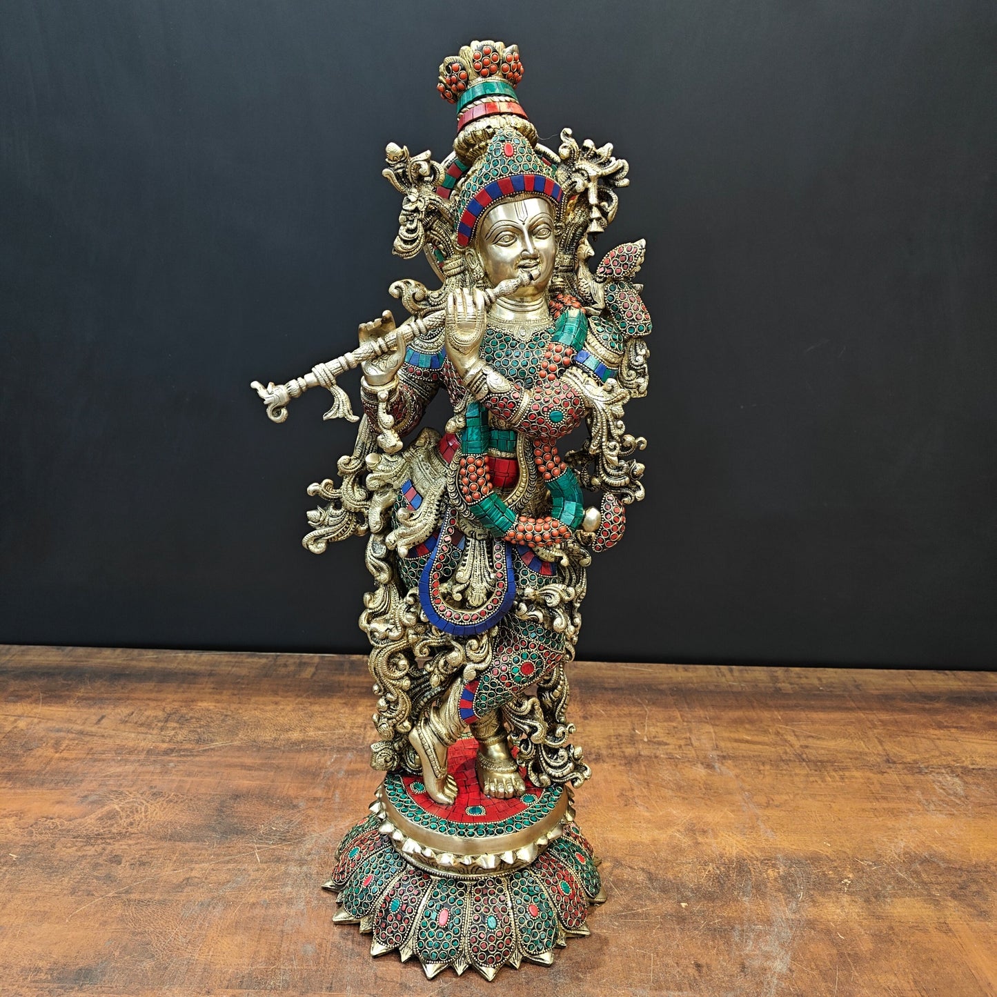 Brass Lord Krishna Statue With Stone Work 27 Inches