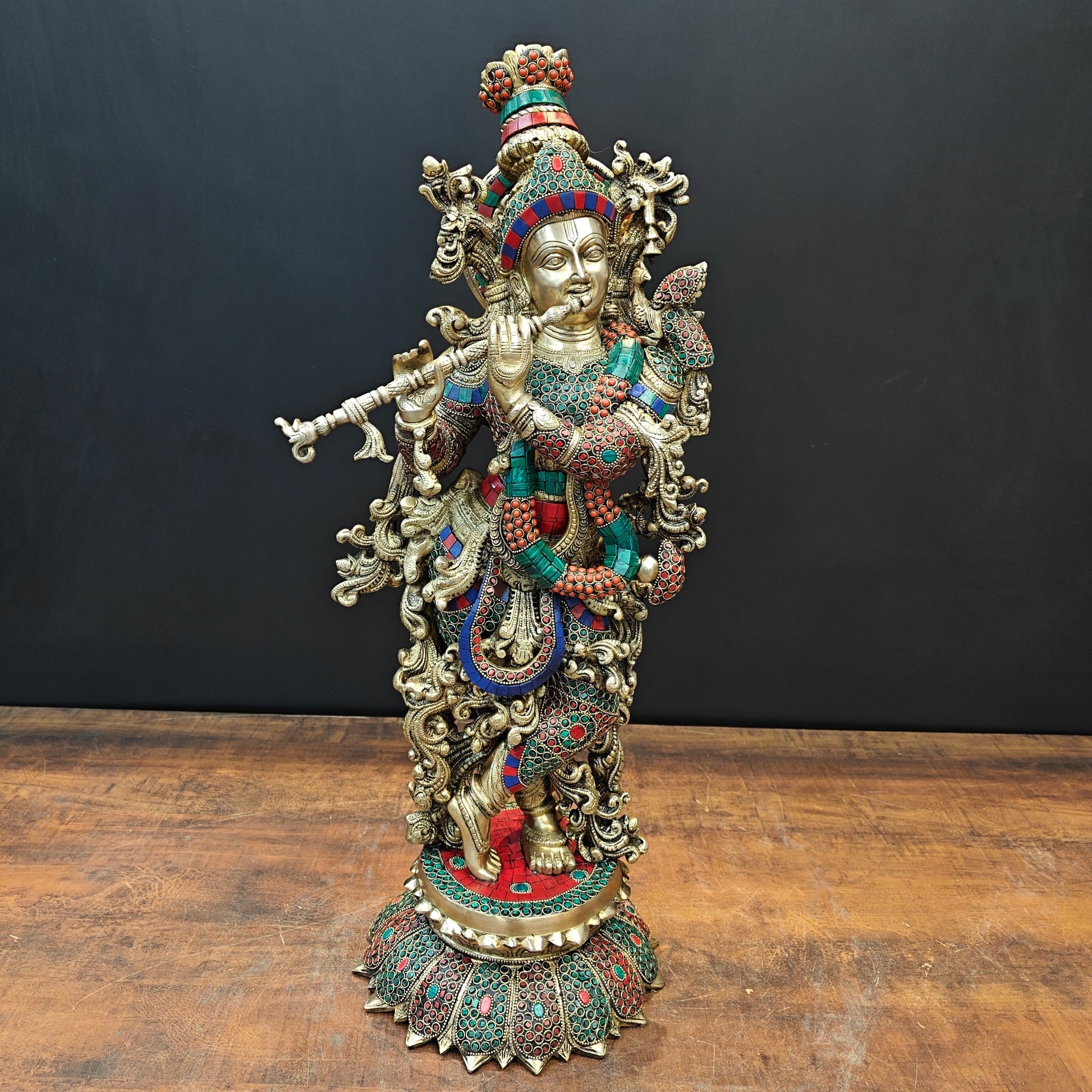 Brass Lord Krishna Statue With Stone Work 27 Inches - Image 4