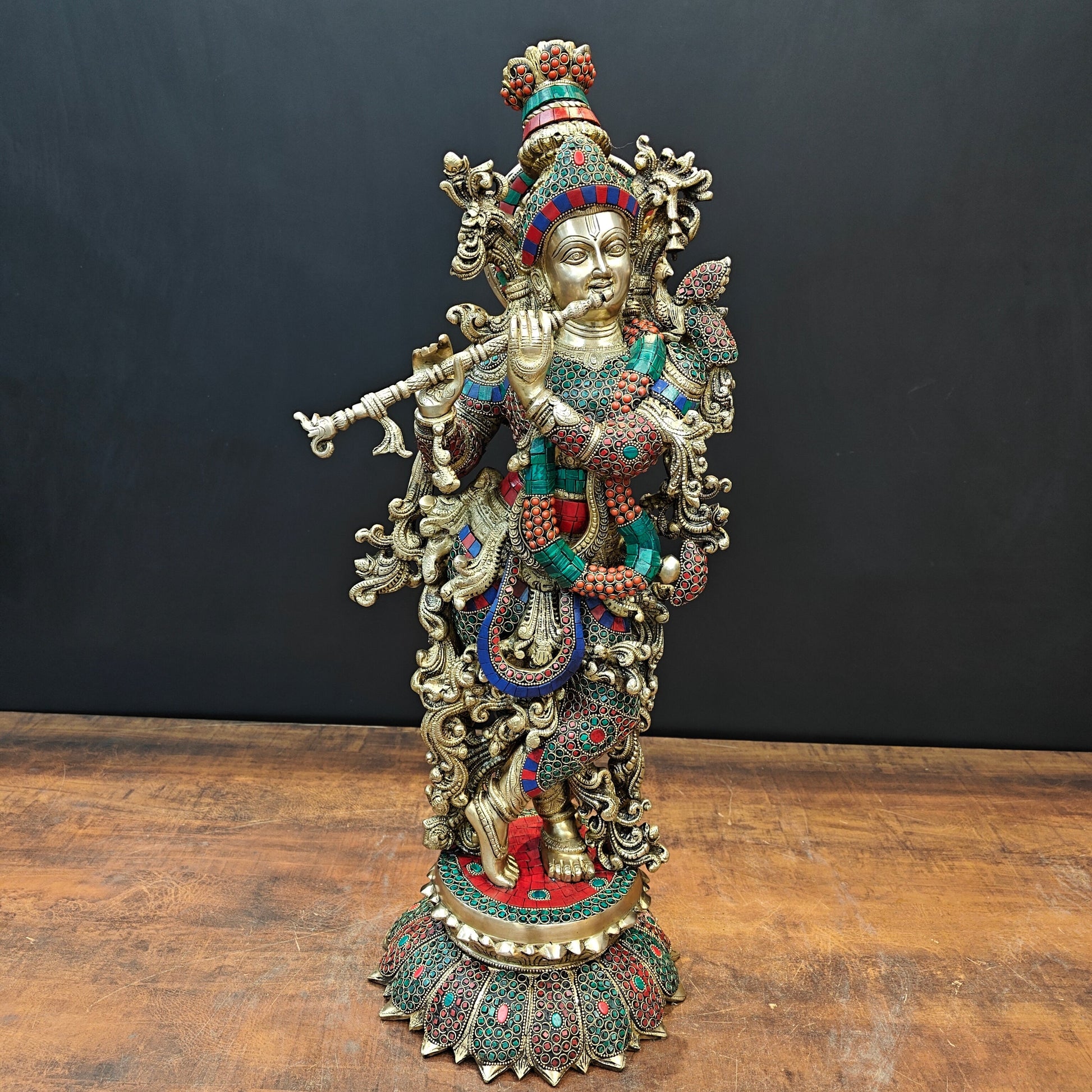 Brass Lord Krishna Statue With Stone Work 27 Inches - Eco-friendly - Sama Homes