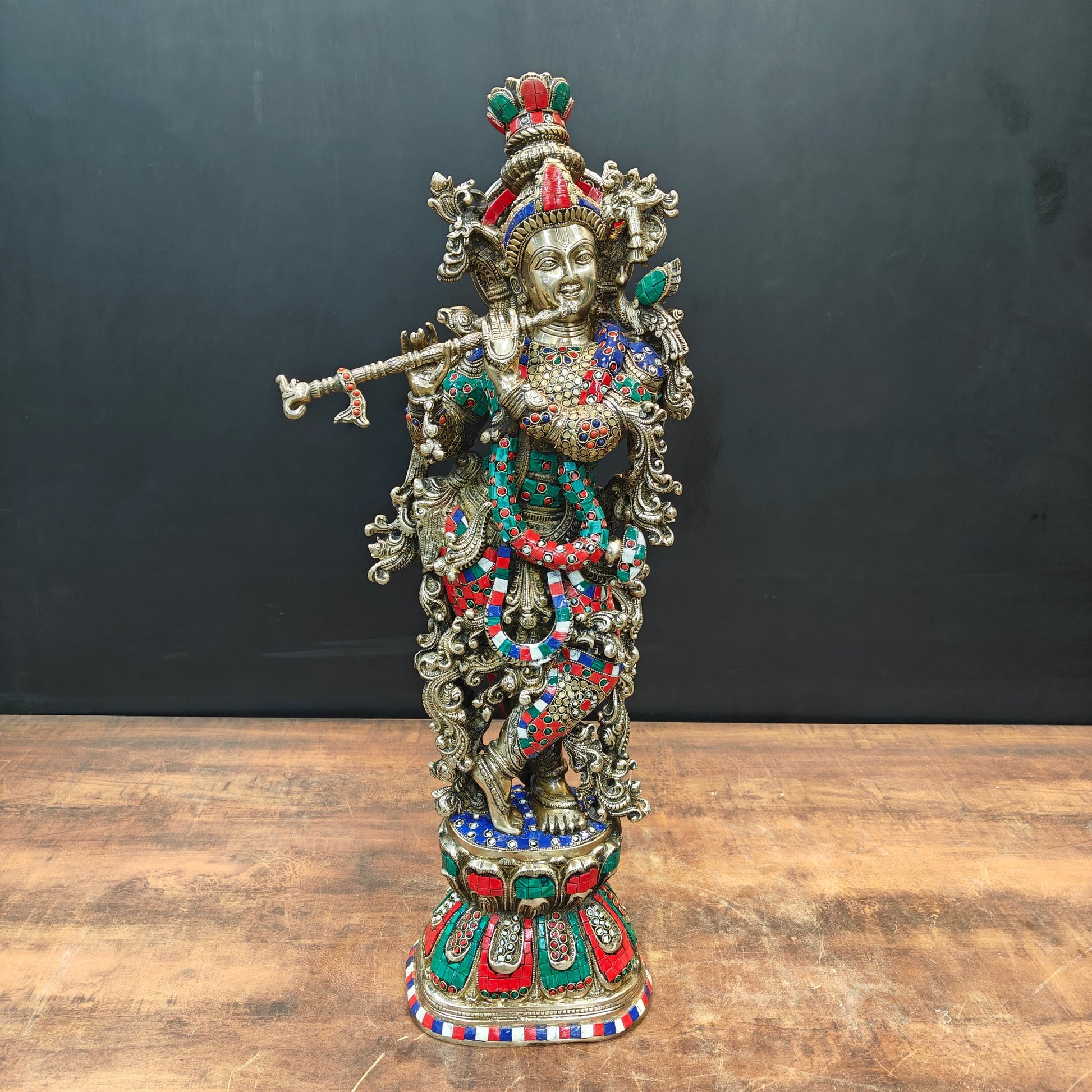 Brass Lord Krishna Statue With Stone work 29 Inches - Eco-friendly - Sama Homes