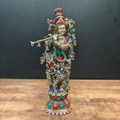 Brass Lord Krishna Statue With Stone work 29 Inches by vendor-unknown - Hindu Gods