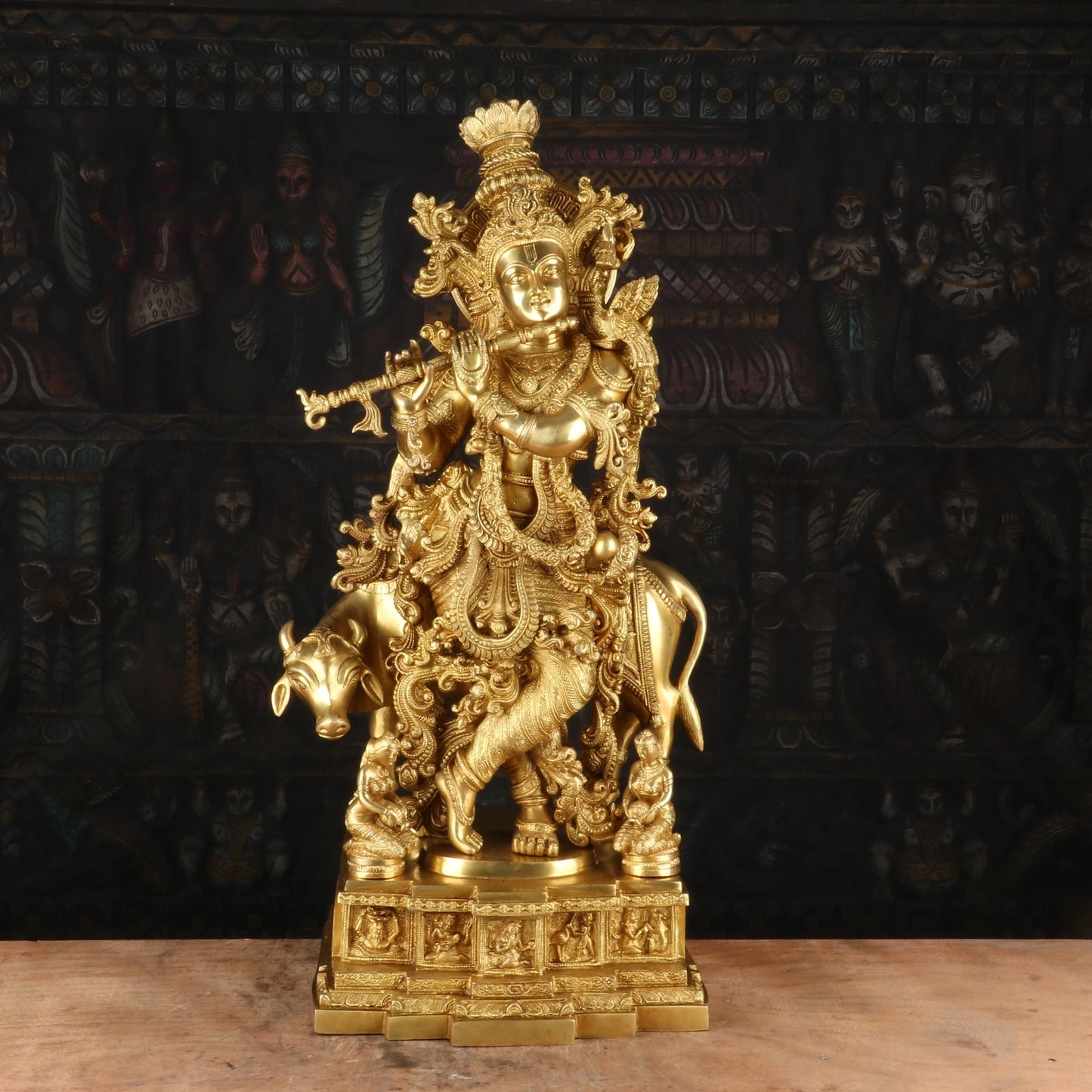 Brass Krishna Idol with Cow 27" by StatueStudio