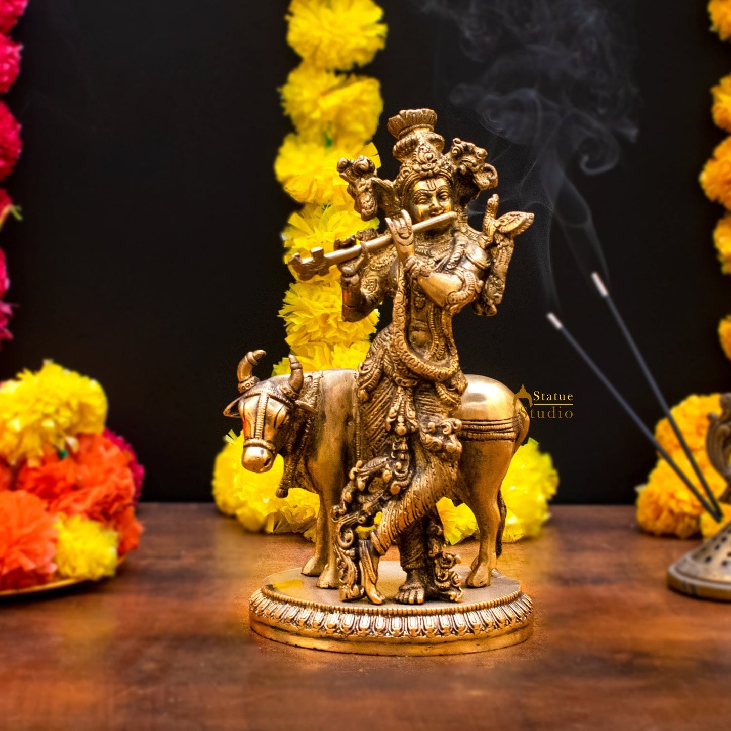 Brass Krishna Statue with Cow 10" by StatueStudio