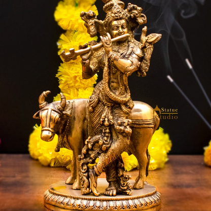 Brass Krishna Statue with Cow 10" by StatueStudio by vendor-unknown - Hindu Gods (View 2)