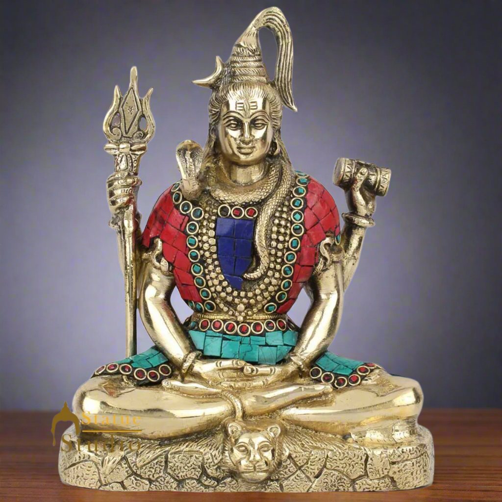 Brass Lord Meditating Shiva Statue With Stone Work 9 Inches
