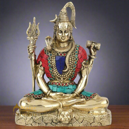Brass Lord Meditating Shiva Statue With Stone Work 9 Inches