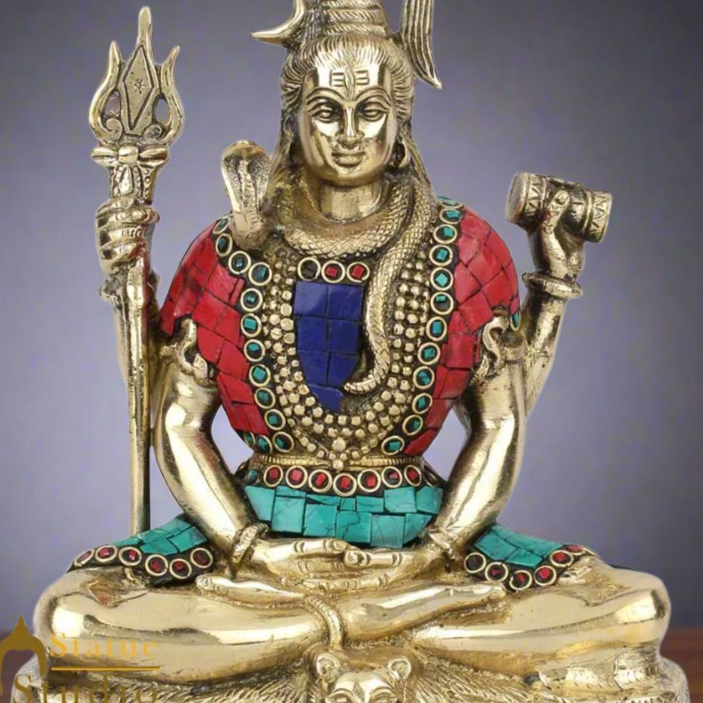 Brass Lord Meditating Shiva Statue With Stone Work 9 Inches - Image 2