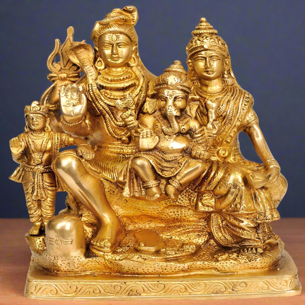 Brass Lord Shiva Family Goddess Parvati Baal Ganesha Lord Kartikeya Sculpture 8" - Eco-friendly - Sama Homes