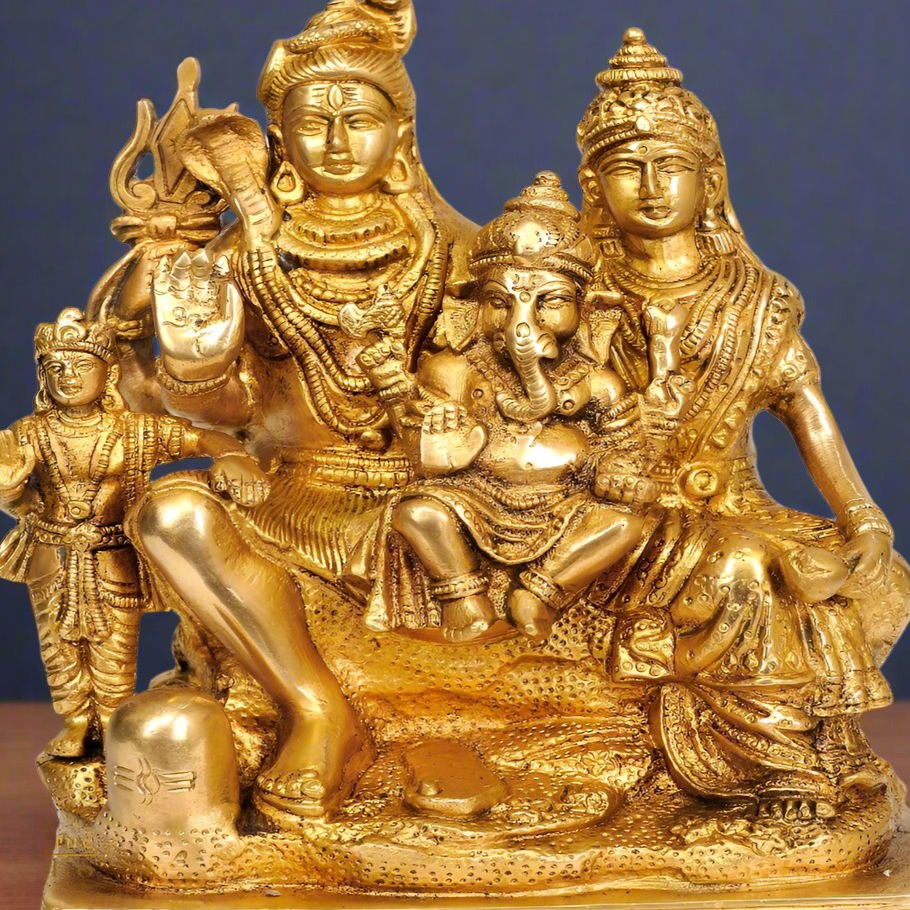 Brass Lord Shiva Family Goddess Parvati Baal Ganesha Lord Kartikeya Sculpture 8" - Image 2