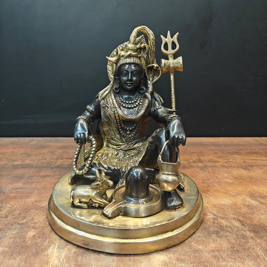 Brass Lord Shiva Idol With Nandi & Shiv Ling Black Gold Finish 9 Inch