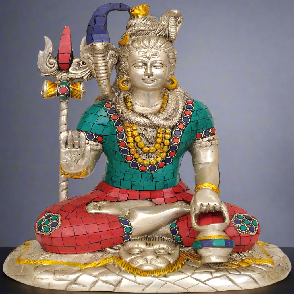 Brass Lord Shiva Idol With Stone Work Silver Finish 10 Inch - Eco-friendly - Sama Homes