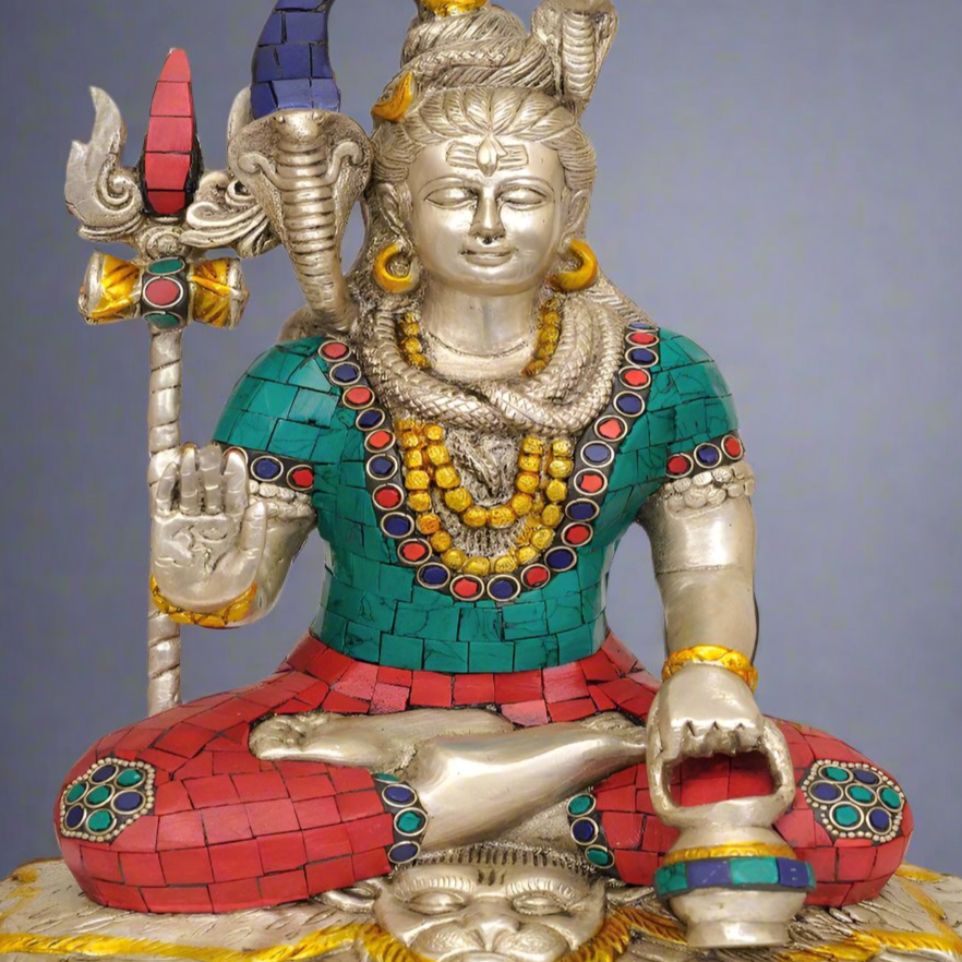 Brass Lord Shiva Idol With Stone Work Silver Finish 10 Inch - Image 2