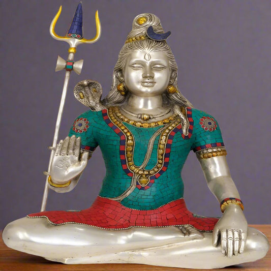 Brass Lord Shiva Statue Silver Turquoise Coral 20 Inches