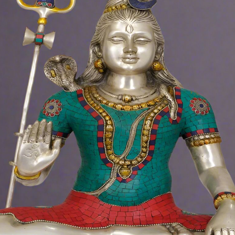 Brass Lord Shiva Statue Silver Turquoise Coral 20 Inches