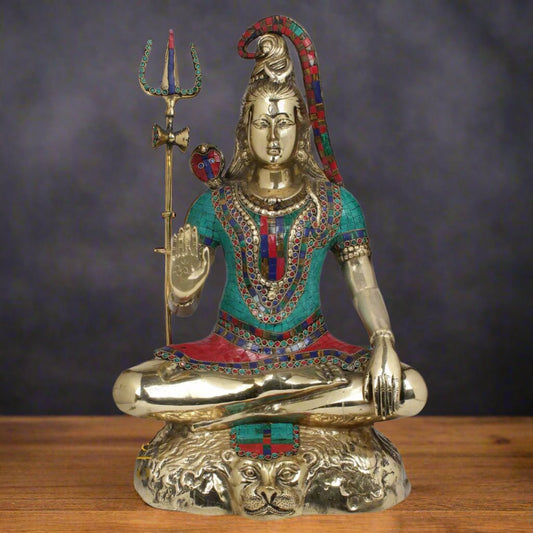 Brass Lord Shiva Statue Stone Work 2 Feet