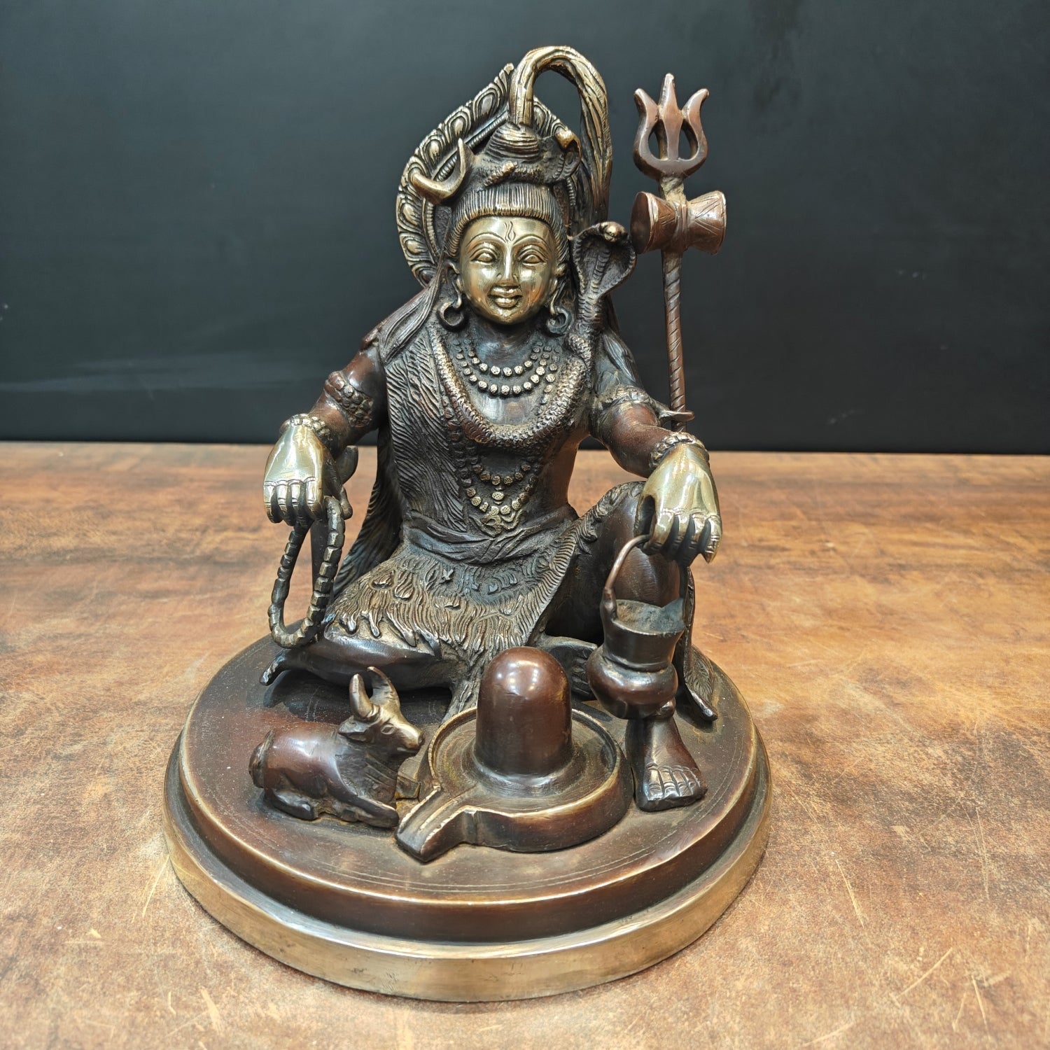 Brass Lord Shiva Statue With Nandi & Shiv Ling Brown Gold Finish 9 Inch - Eco-friendly - Sama Homes
