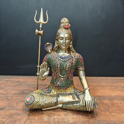 Brass Lord Shiva Statue With Stone Work 1.5 Feet by vendor-unknown - Hindu Gods
