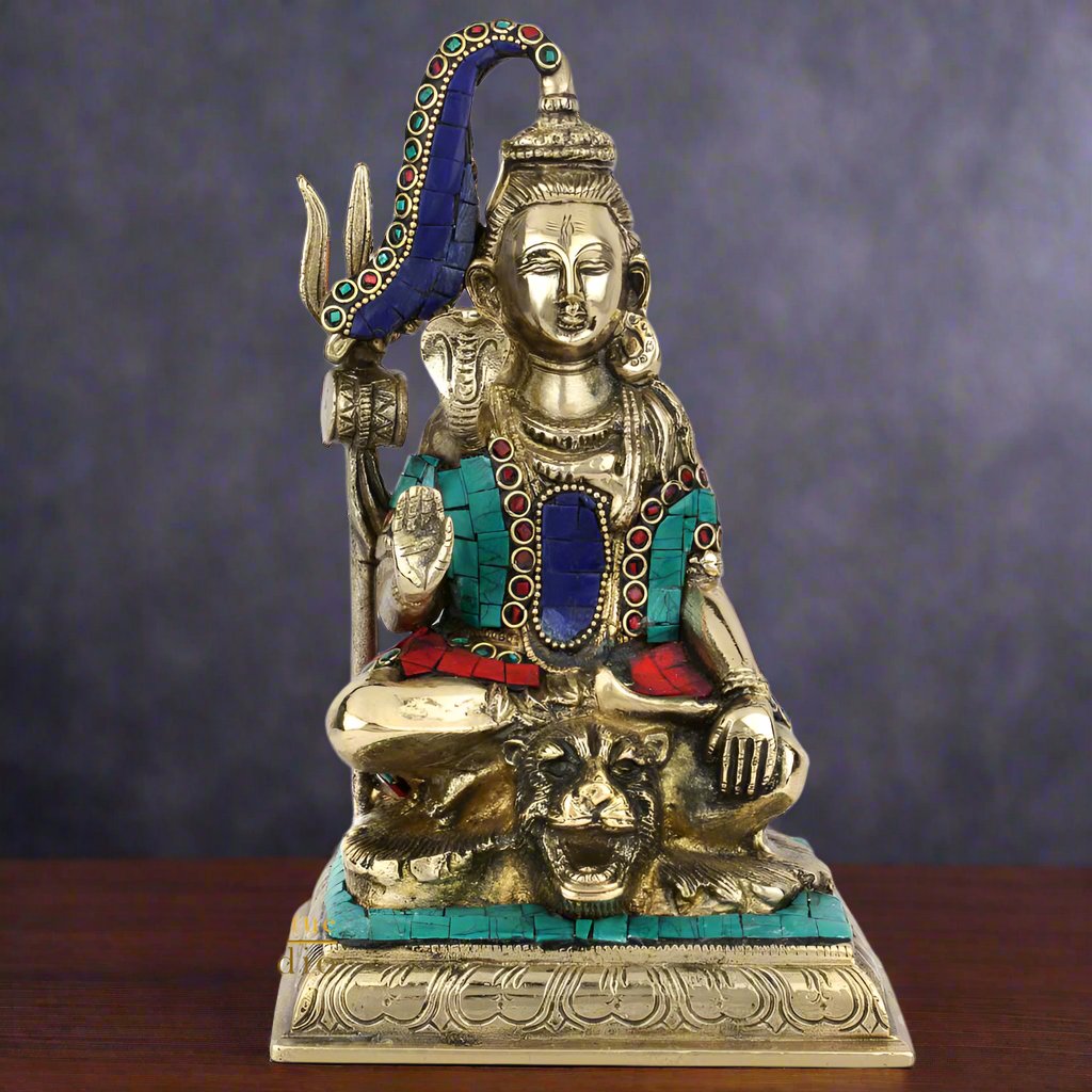 Brass Lord Shiva Statue With Stone Work 9 Inches - Eco-friendly - Sama Homes