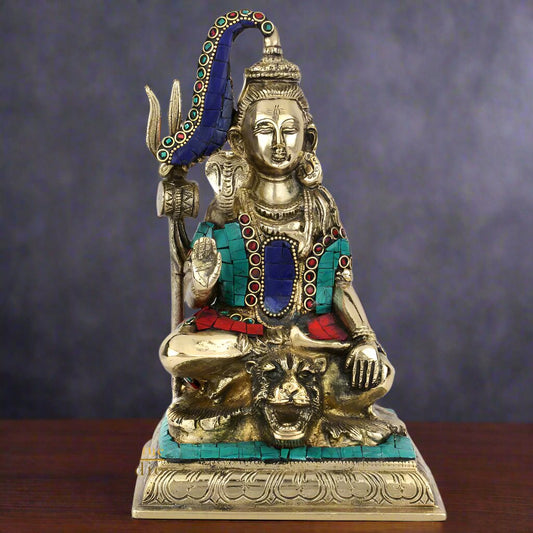 Brass Lord Shiva Statue With Stone Work 9 Inches