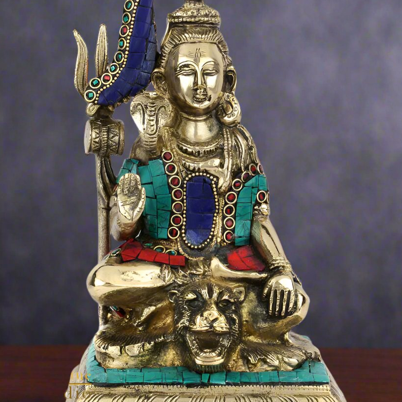 Brass Lord Shiva Statue With Stone Work 9 Inches