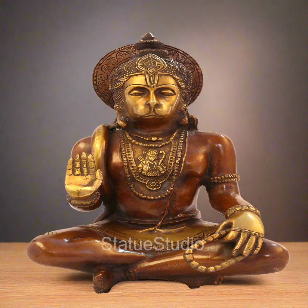 Brass Lord Sitting Hanuman Statue Religious For Home Decor 11"