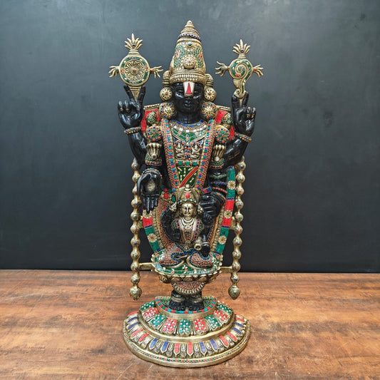 Brass Lord Tirupati Balaji Idol with Goddess Padmavathi Engraved Stone Work 3 Feet