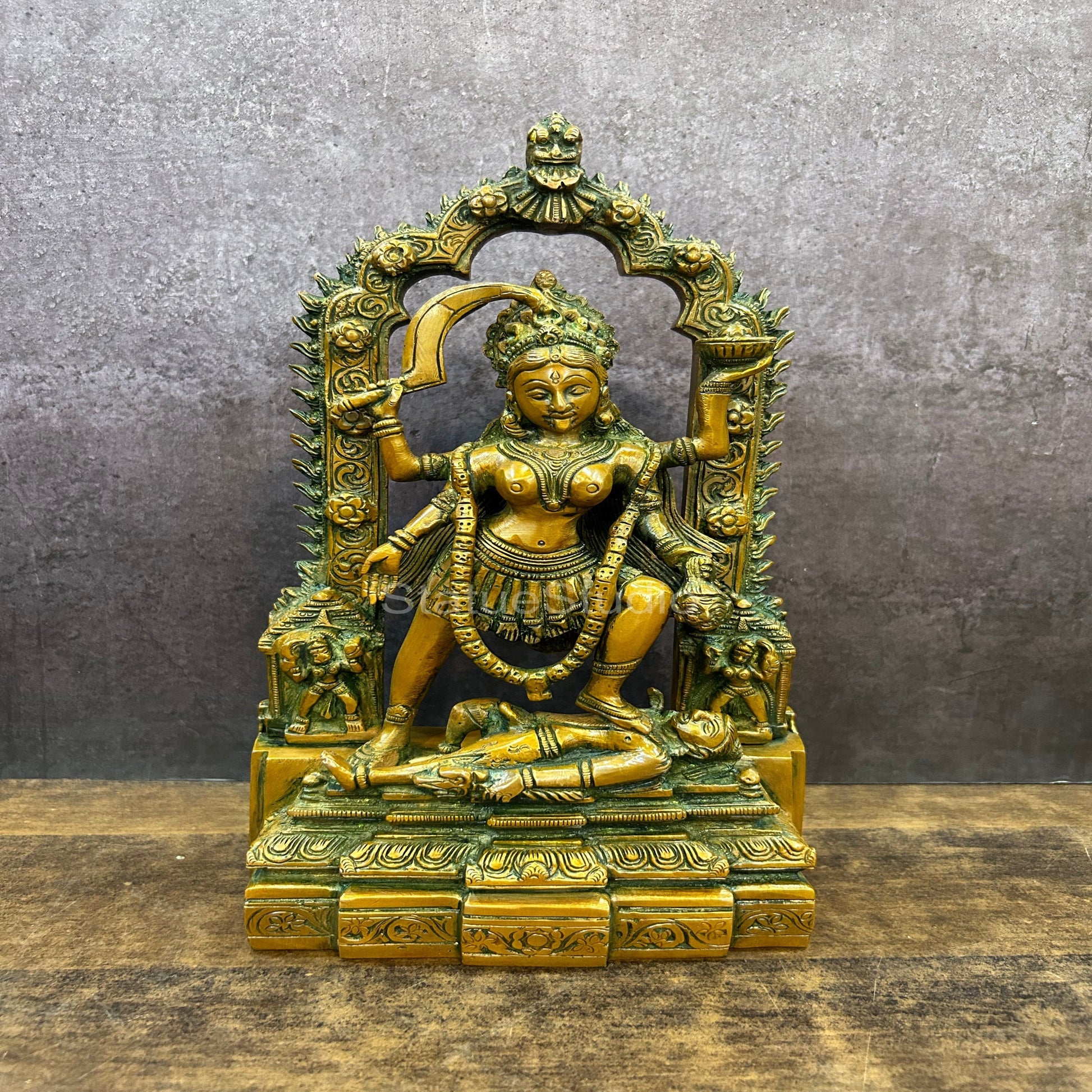 Brass Maa Kali Statue With Temple Arch Copper Patina Finish For Home Decor 11" - Eco-friendly - Sama Homes