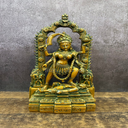 Brass Maa Kali Statue With Temple Arch Copper Patina Finish For Home Decor 11" by vendor-unknown - Hindu Gods