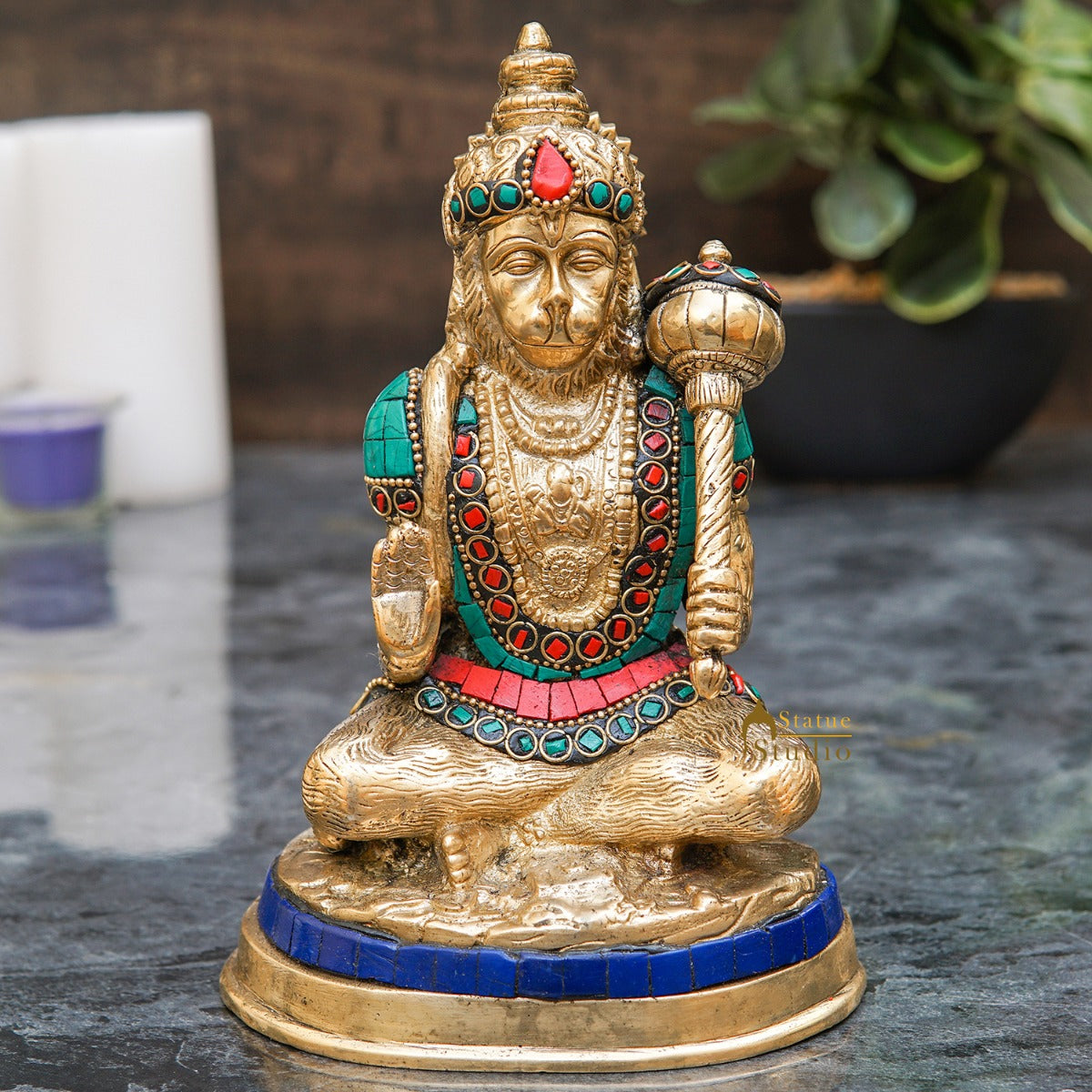 Brass Mahabali Hanuman Idol With Stone Work 7 Inch - Eco-friendly - Sama Homes