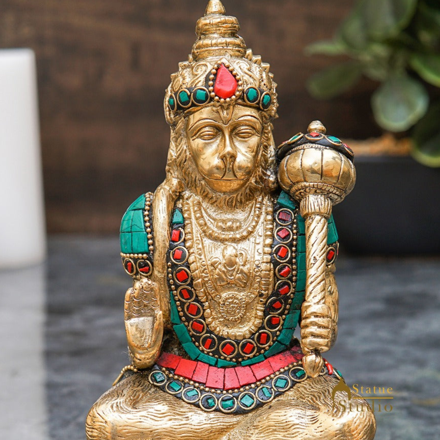 Brass Mahabali Hanuman Idol With Stone Work 7 Inch