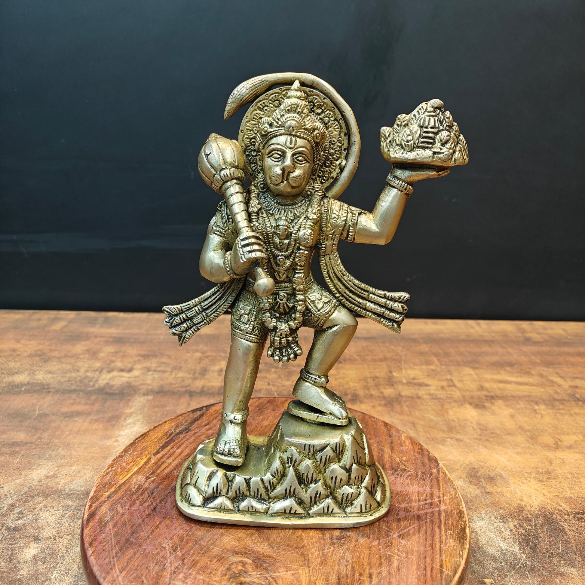 Brass Mahabali Hanuman Statue Carrying Mountain 9 Inch - Eco-friendly - Sama Homes