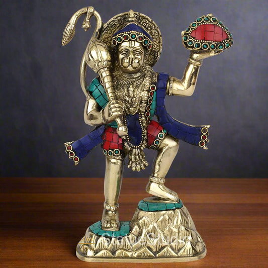 Brass Mahabali Hanuman Statue Carrying Mountain Fine Stone Work 9"