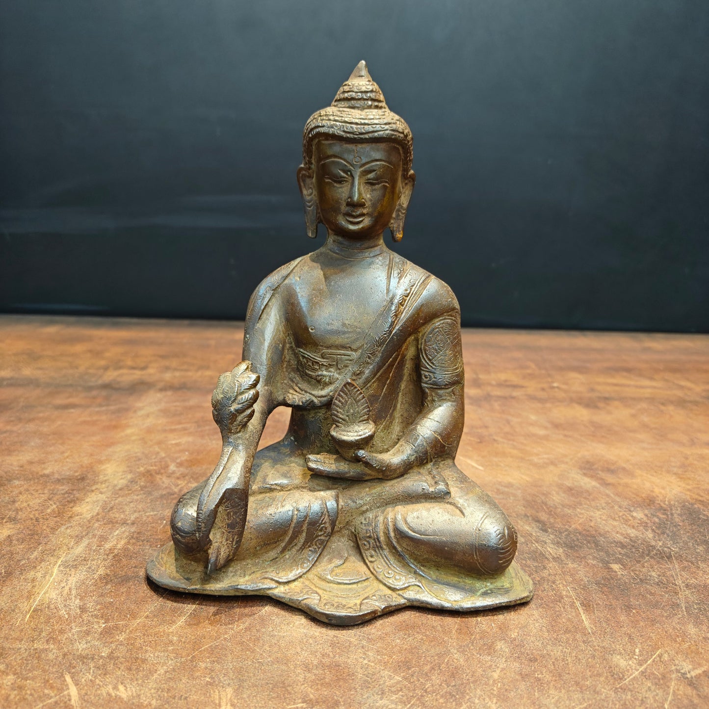 Brass Medicine Buddha Statue Antique Patina Finish 8 Inch