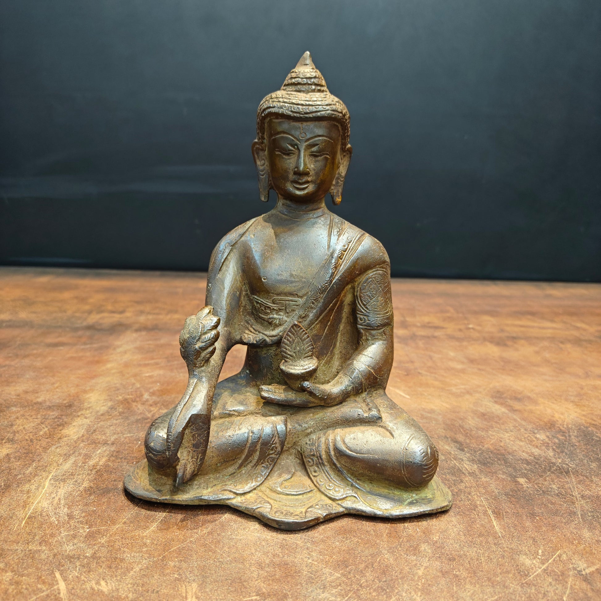 Brass Medicine Buddha Statue Antique Patina Finish 8 Inch - Eco-friendly - Sama Homes