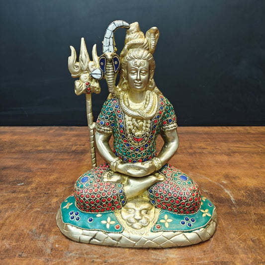 Brass Meditation Lord Shiva Statue With Stone Work 10 Inch