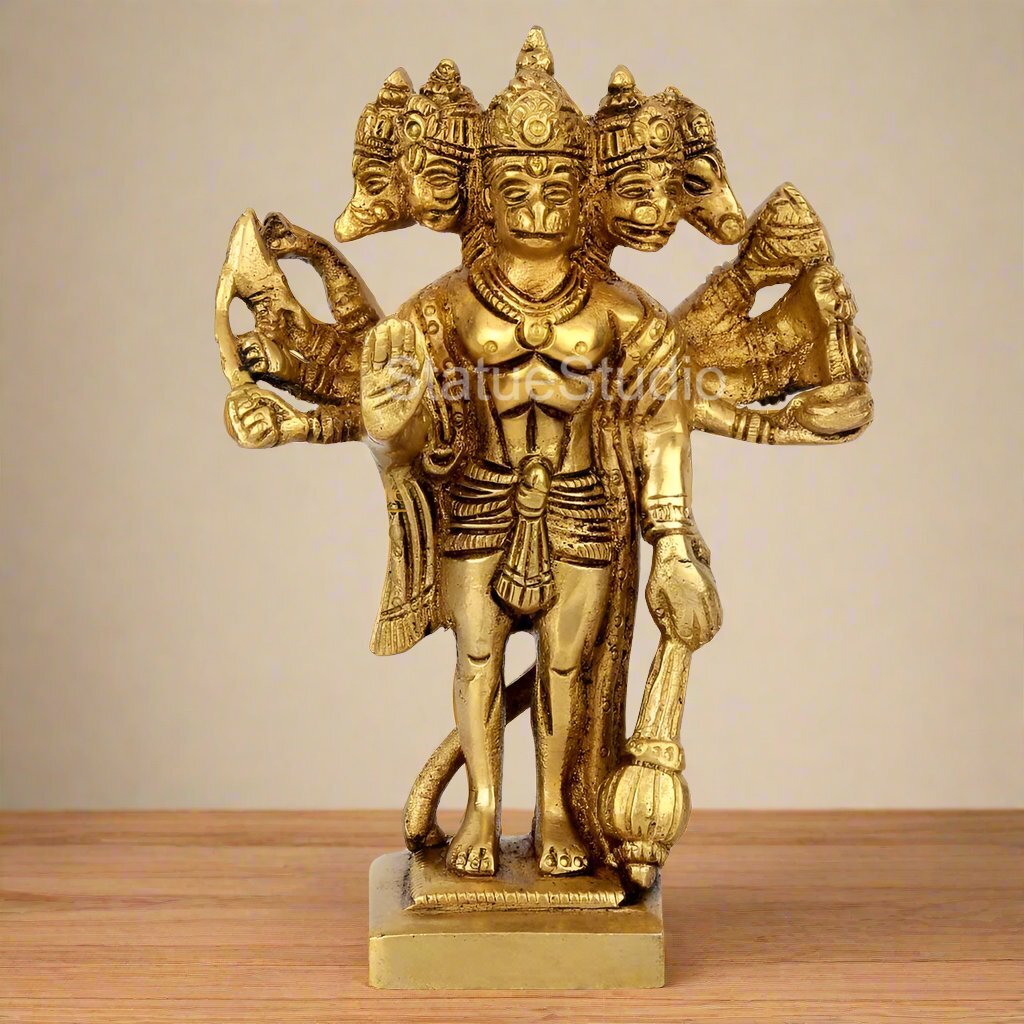 Brass Miniature Standing Panchmukhi Hanuman Idol For Home Temple Decor 5" - Eco-friendly - Sama Homes