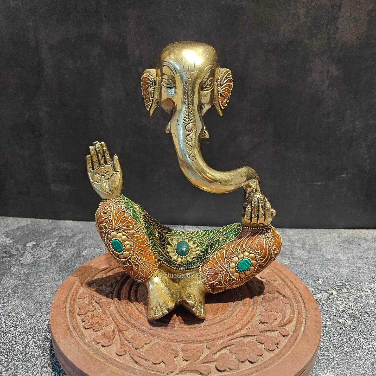 Brass Modern Abstract Ganesha Idol With Stonework 8 Inches