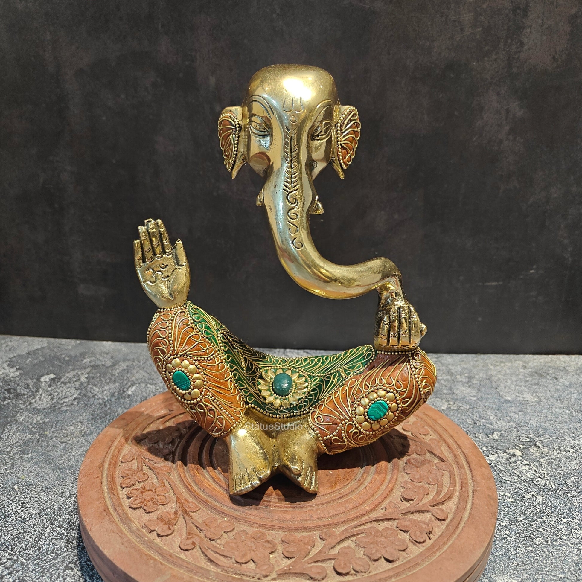 Brass Modern Abstract Ganesha Idol With Stonework 8 Inches - Image 2
