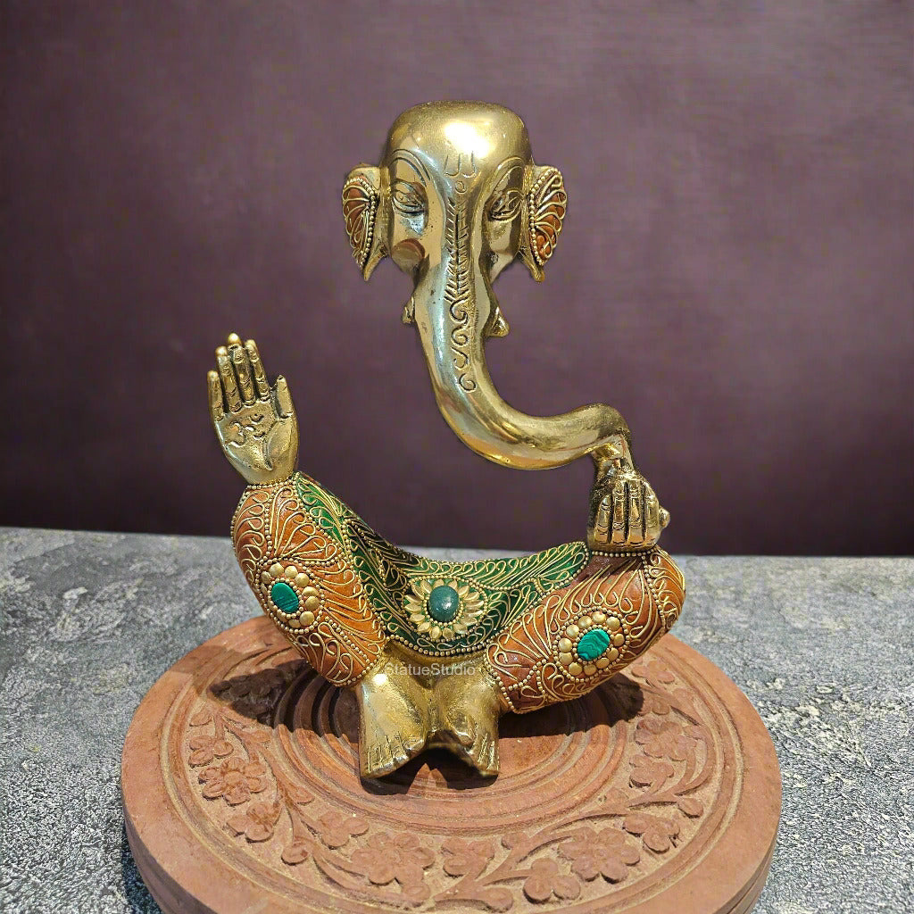 Brass Modern Abstract Ganesha Idol With Stonework 8 Inches - Eco-friendly - Sama Homes