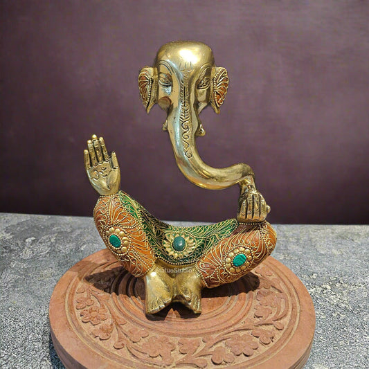 Brass Modern Abstract Ganesha Idol With Stonework 8 Inches
