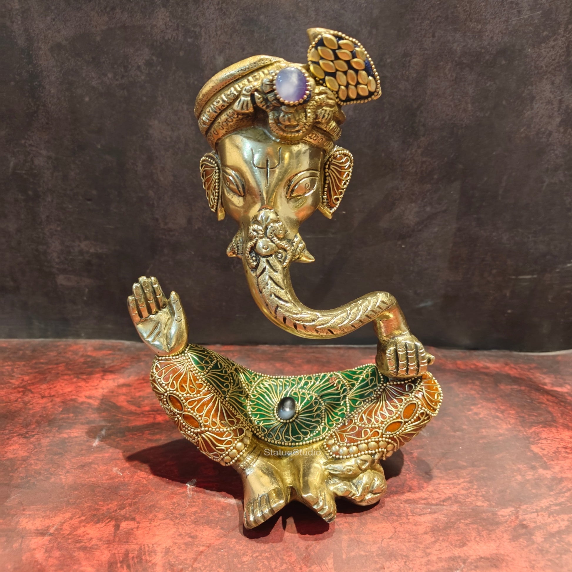 Brass Modern Abstract Ganesha Statue Wearing a Turban With Stonework 10.5" - Image 2