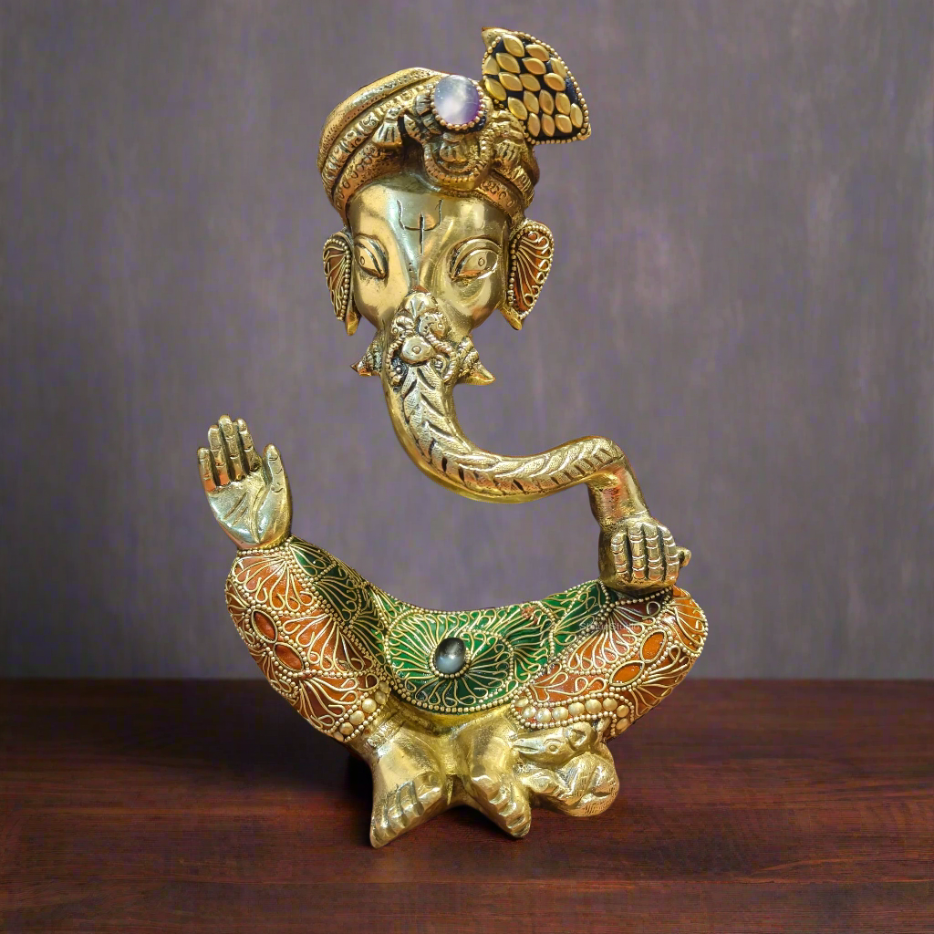 Brass Modern Abstract Ganesha Statue Wearing a Turban With Stonework 10.5"