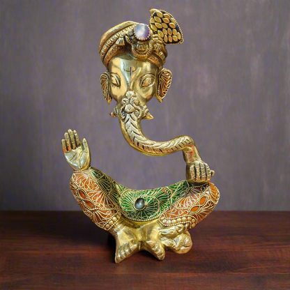 Brass Modern Abstract Ganesha Statue Wearing a Turban With Stonework 10.5" by vendor-unknown - Hindu Gods