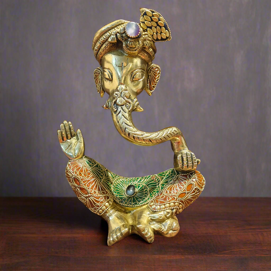 Brass Modern Abstract Ganesha Statue Wearing a Turban With Stonework 10.5"