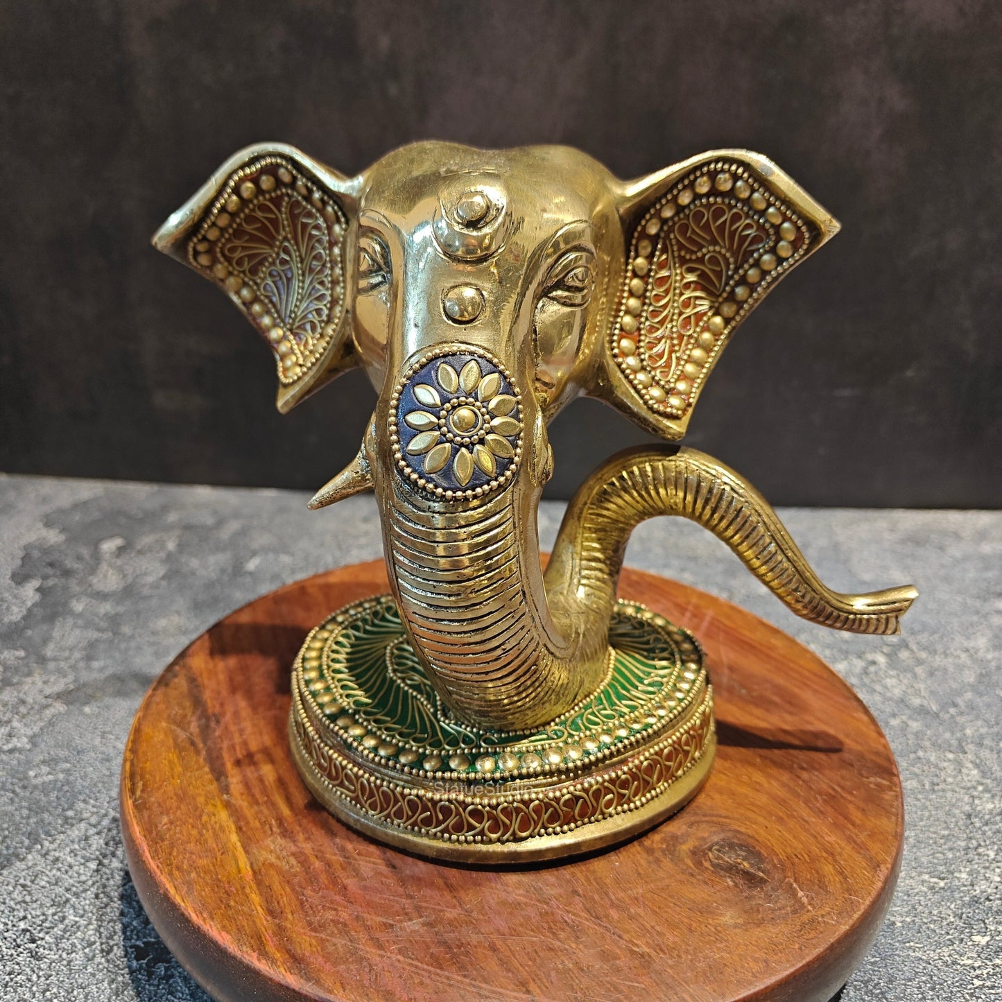 Brass Modern Ganesha Face Statue With Stonework 6"
