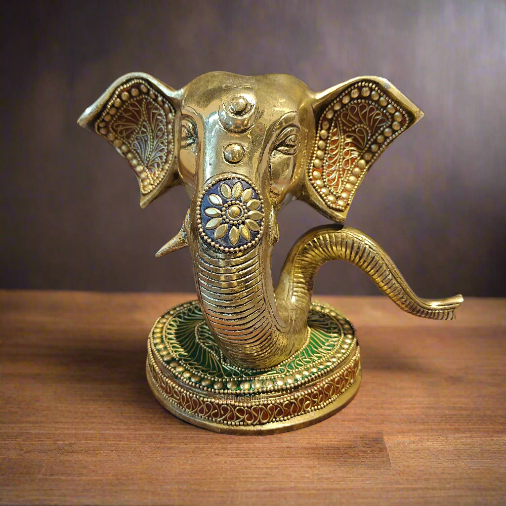 Brass Modern Ganesha Face Statue With Stonework 6"