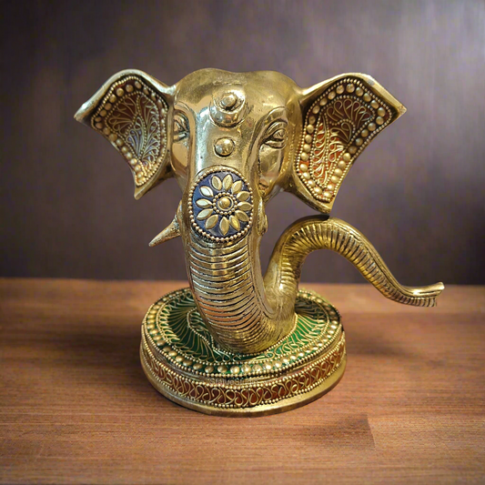 Brass Modern Ganesha Face Statue With Stonework 6"