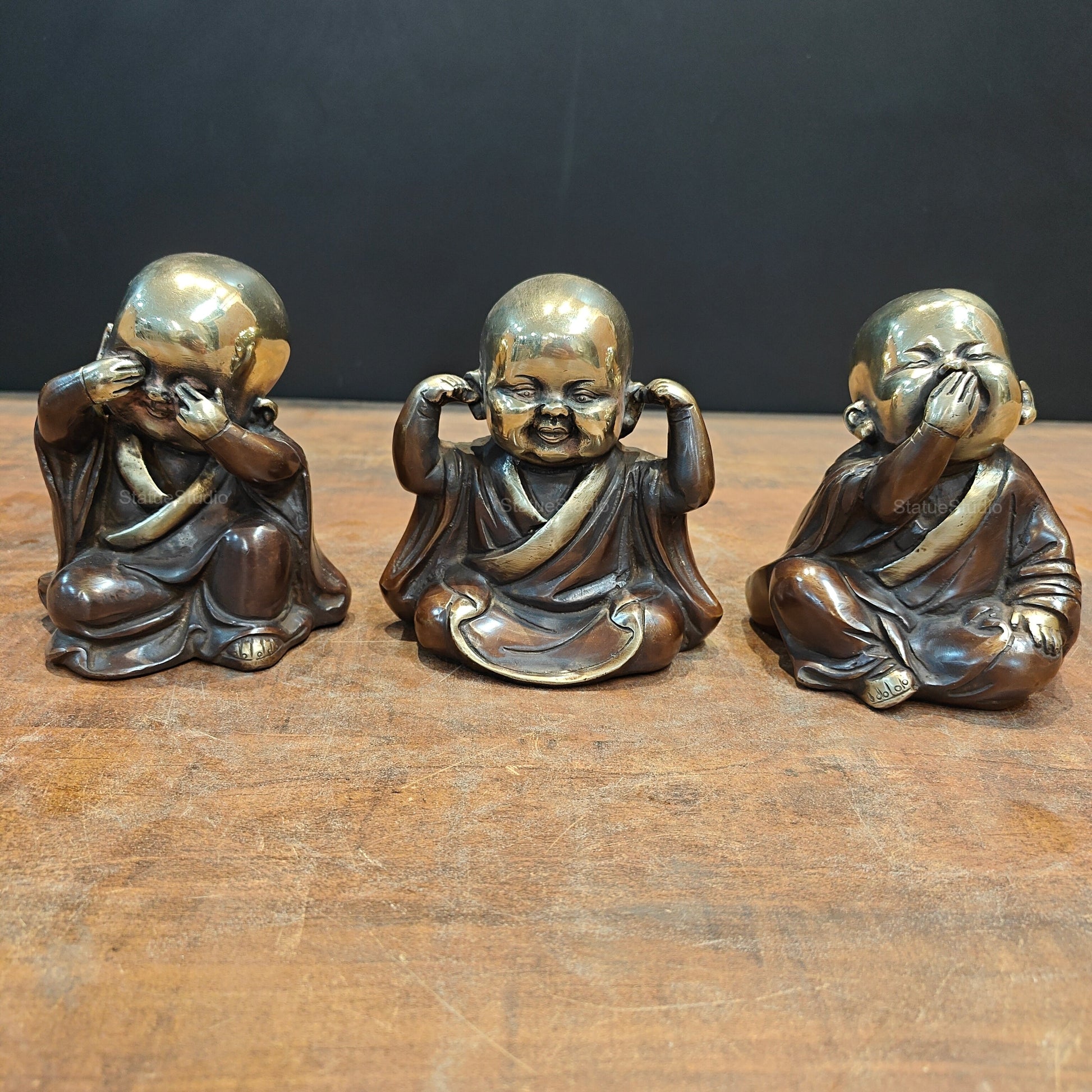 Brass Monks Baby Buddha Statues Set of 3 Wise Figurines 5 Inch - Eco-friendly - Sama Homes